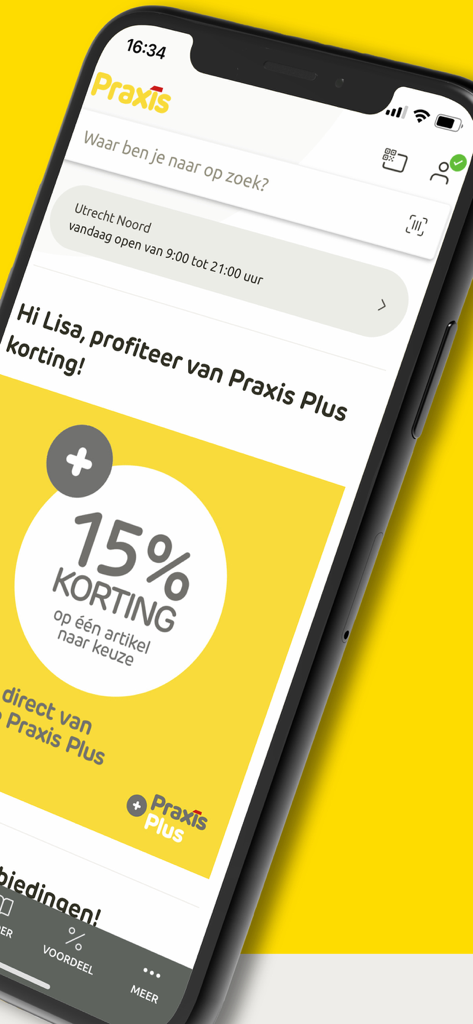 Praxis - A smartphone screen displaying the Praxis app with a 15 percent discount offer for Praxis Plus loyalty members