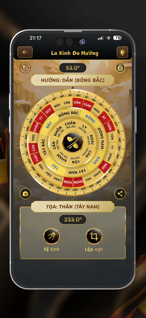 Xhero - Xheroアプリ画面。方向と度数を測定する金色のデジタル風水羅盤が表示されています