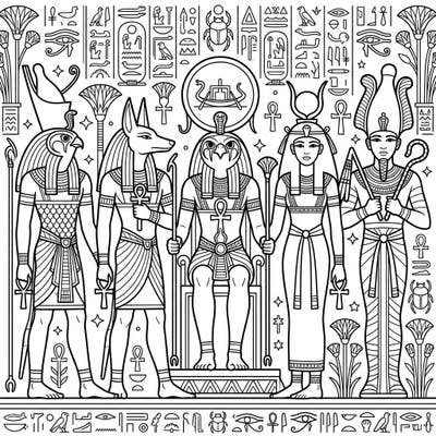 Immerse yourself in the world of ancient myths with this intricate coloring page featuring the powerful Gods of Egypt. Bring to life Horus, Anubis, and other deities amidst detailed hieroglyphs and traditional patterns.