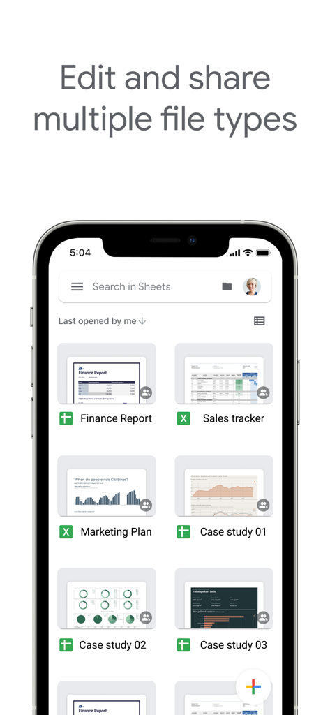 Google Sheets mobile app interface showing a list of spreadsheet files including finance reports and sales trackers with Excel compatibility