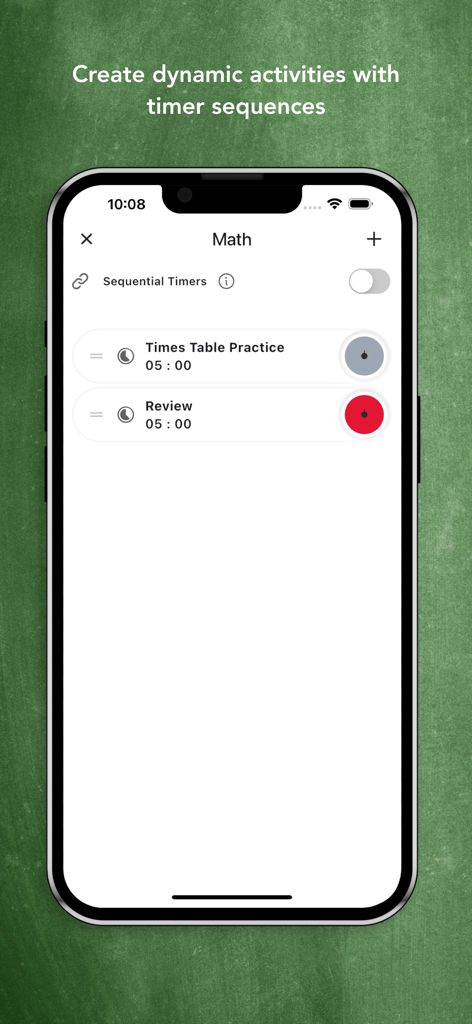 Time Timer Enterprise Edition - iPhone screen showing sequential timers for a math activity in the Time Timer app