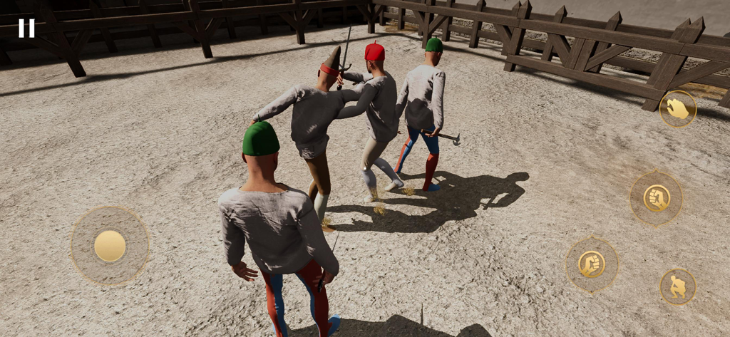 Half Sword Mobile - Gameplay screenshot of Half Sword Mobile showing physics-based medieval combat in a dirt arena with on-screen controls