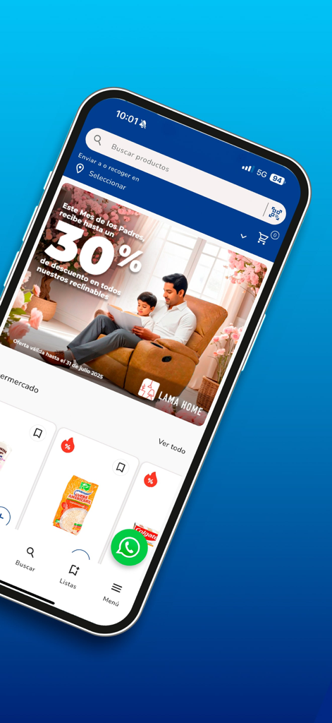 Plaza Lama - Plaza Lama mobile app home screen featuring a 30 percent discount banner on home furniture and grocery products