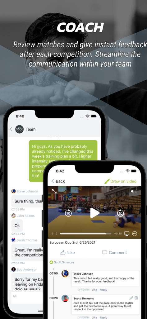 Athlete Analyzer app interface showing team chat and coach feedback on a martial arts match video