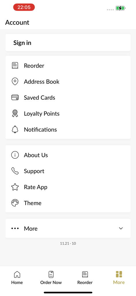 Captain Cook's - Captain Cooks app account settings screen with reorder and loyalty points options