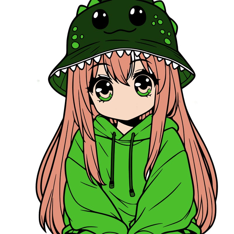 girl with anime shaped eyes with a dinosaur bucket hat oversized sweatshirt long straight hair