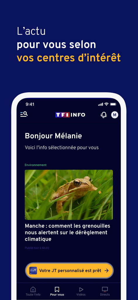 Écran mobile de l'application TF1 INFO montrant une section d'actualités personnalisée intitulée « Pour vous » avec un article sélectionné sur l'environnement.