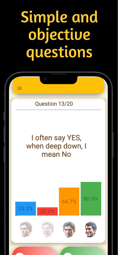 Interfaz de la aplicación Attitude Test mostrando una pregunta de psicología con opciones de respuesta múltiple e íconos de personajes.