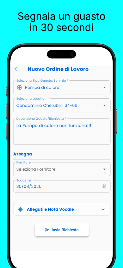 Gemini Smart - Interface do aplicativo Gemini Smart mostrando um formulário de ordem de serviço para reparo de bomba de calor, incluindo campos para descrição da localização e atribuição