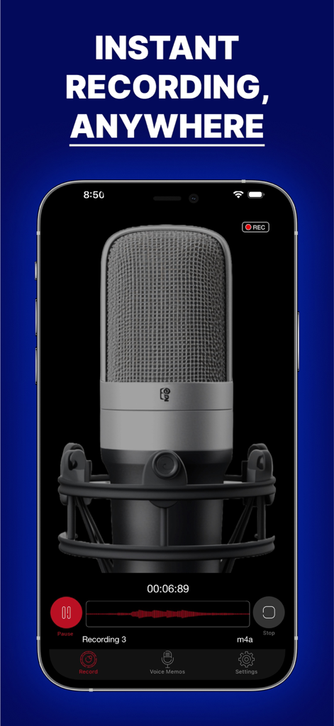 Voice Recorder : HD Recorder - A screenshot of the Voice Recorder HD app interface showing a studio microphone icon and the slogan Instant Recording Anywhere