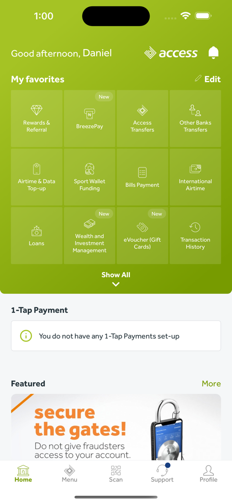 Home screen dashboard of the Access More app showing various banking and lifestyle service icons