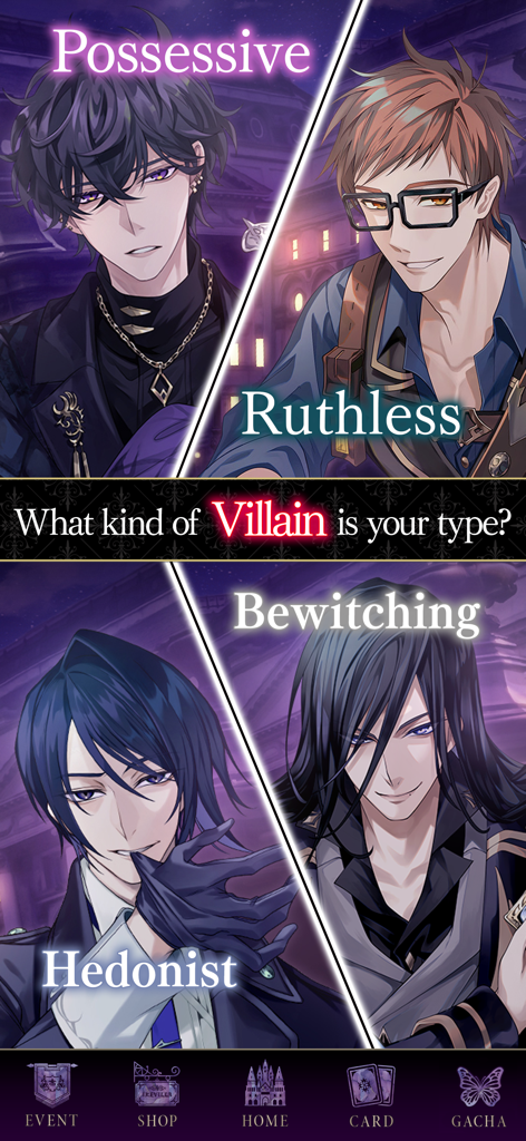 Four anime villain characters from Ikemen Villains labeled with personality traits like possessive and ruthless.