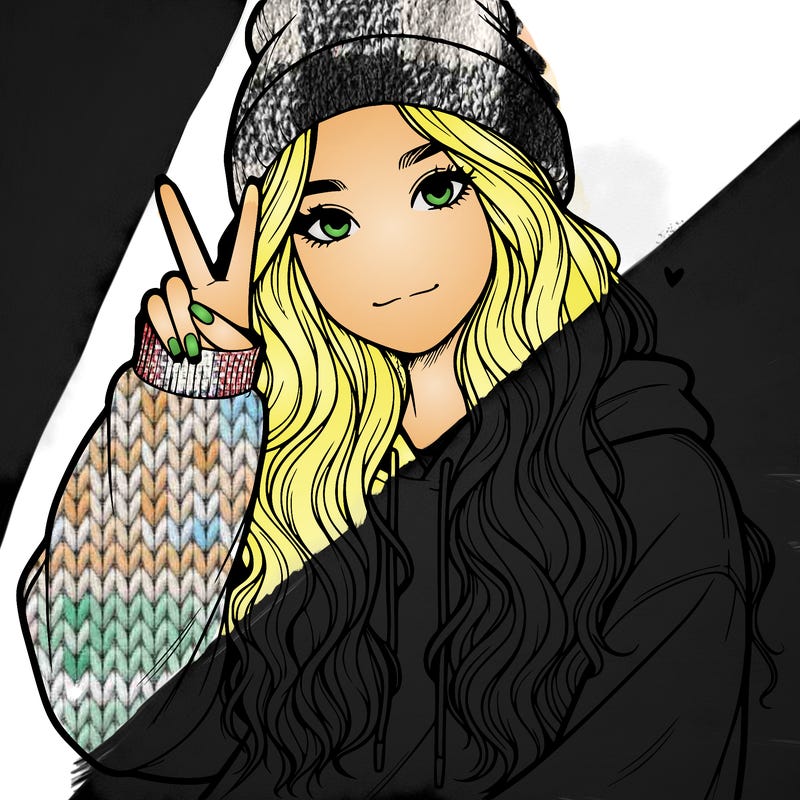 a teenage girl in a beanie, oversized sweatshirt, wavy long hair, and is showing a ✌️