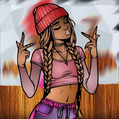 realistic teenage girl with braids and a beanie and crop top doing 🫶🏼