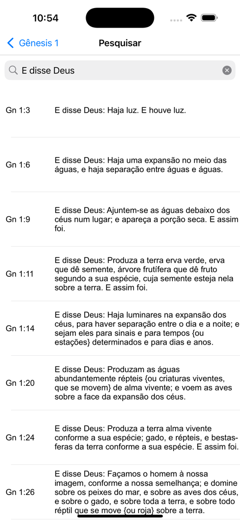 Search results screen in the Portuguese Holy Bible app showing various verses from Genesis