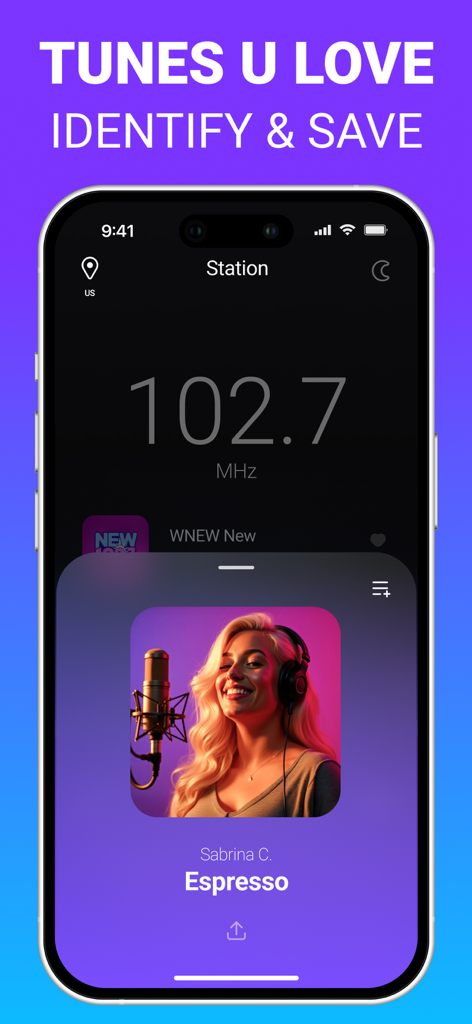 Radio FM & AM: All Stations - 실시간 라디오 방송에서 재생되는 노래를 식별하는 FM/AM 라디오 앱 인터페이스