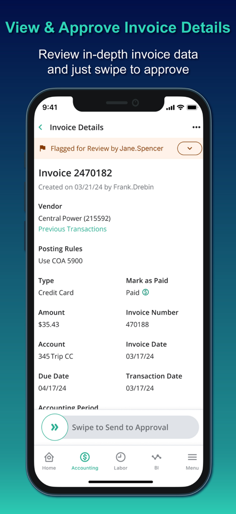 Inn-Flow Mobile - Interfaz de la aplicación Inn-Flow Mobile que muestra datos detallados de facturas hoteleras con un botón de acción para deslizar y aprobar