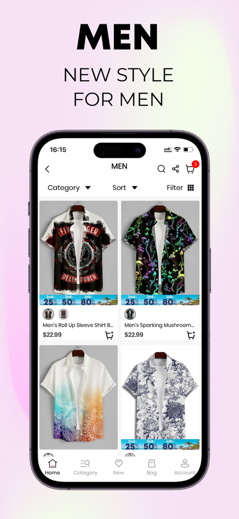 DressLily app interface showing a collection of trendy and affordable men's shirts