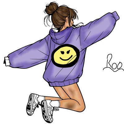 realistic girl jumping with a bun and oversized sweatshirt