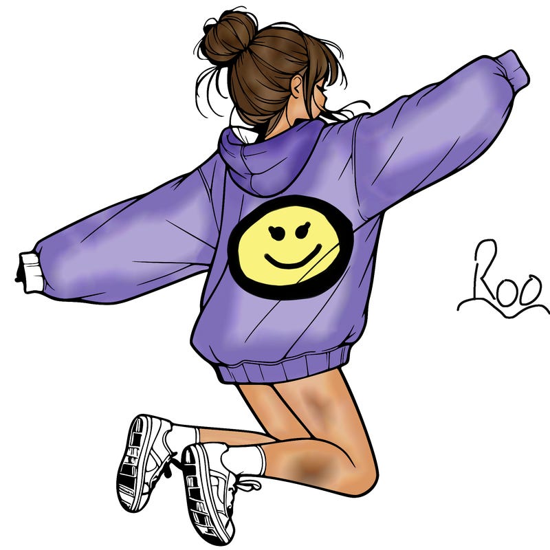 realistic girl jumping with a bun and oversized sweatshirt