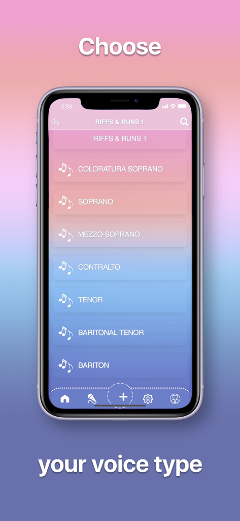 VocalEx Pro. Singing Tutorial - Mobile app interface for VocalEx Pro showing a selection of voice types including soprano tenor and baritone