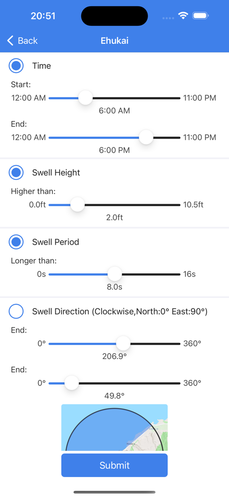 Surf Report - Surf Report app interface showing customizable filters for swell height, period, and direction to find the best surfing conditions.