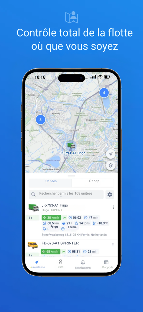 Geoweb.2 Tracking - Panel de control de seguimiento de flotas en tiempo real en un iPhone que muestra las ubicaciones de los vehículos en un mapa y detalles de estado