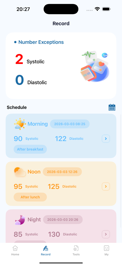Clarity:Daily Health Journal - Daily blood pressure records screen in the Clarity app showing systolic and diastolic readings for morning noon and night