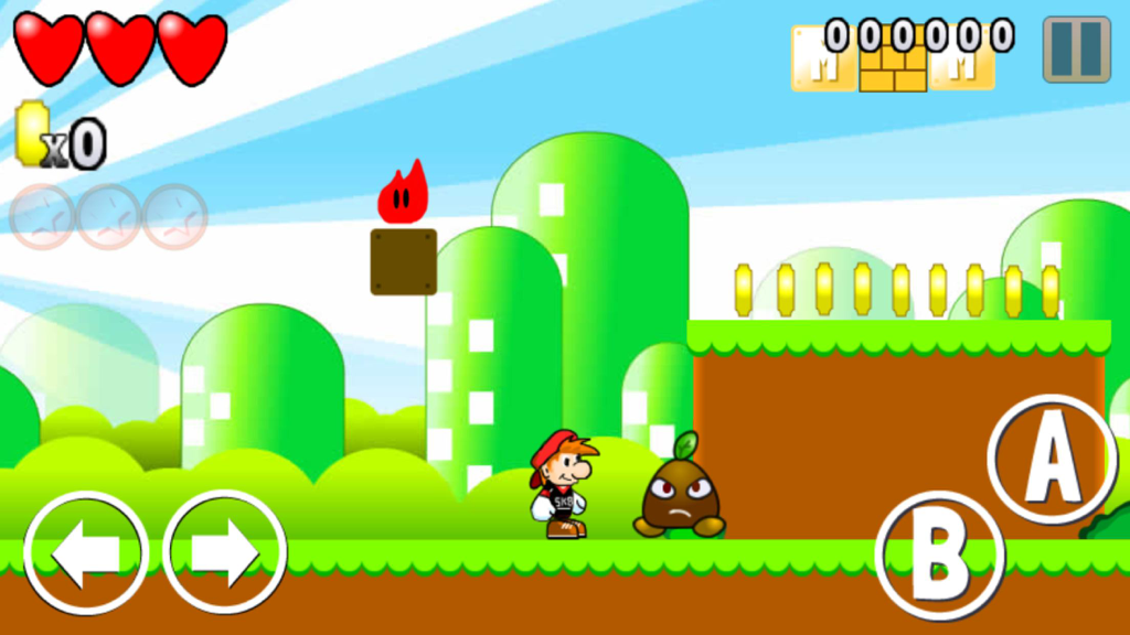 لعبة مغامرات البطل مجانا - Gameplay screenshot of a 2D Mario style platformer game with a hero character and coins