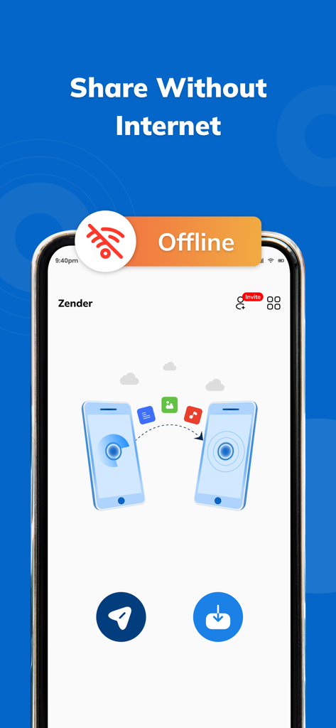 ShareMe - File Share - Interfaz de la aplicación ShareMe mostrando la transferencia de archivos sin conexión entre dos dispositivos móviles