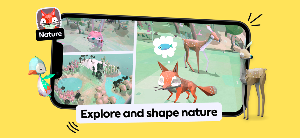 A screenshot from the Toca Boca Jr app showing the Nature game where children can explore and shape digital environments with animals