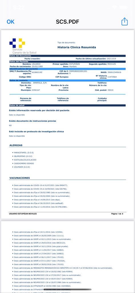 Informe resumido del historial médico del Servicio Canario de la Salud que muestra datos del paciente, alergias y vacunas