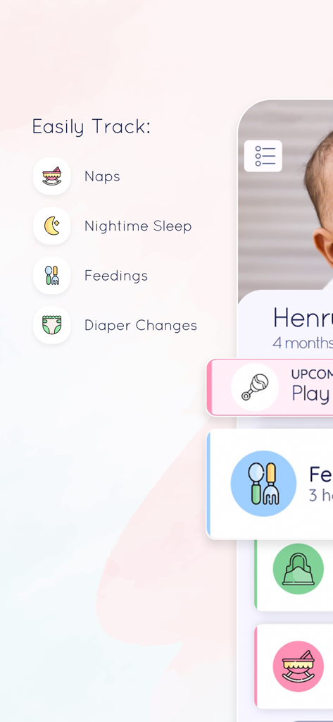 Interface of the Moms on Call Scheduler app showing tracking categories for naps, nighttime sleep, feedings, and diaper changes.