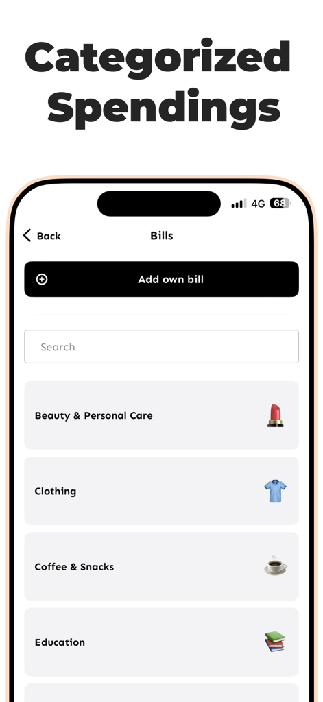 Bill Organizer: Expense Track - Pantalla de gastos categorizados en la aplicación Bill Organizer que muestra varios tipos de gastos como ropa y educación