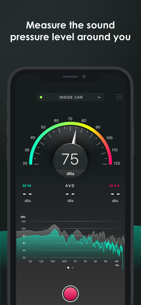 Decibel - sound level meter - Interface of the Decibel sound level meter app showing a reading of 75 dBa and an audio spectrum graph
