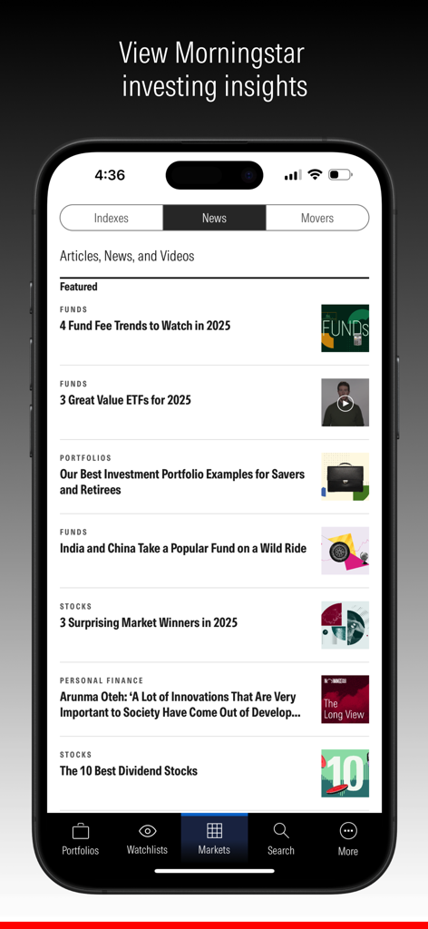 Morningstar Investor - Morningstar Investor app screen showing financial news and investment insight articles