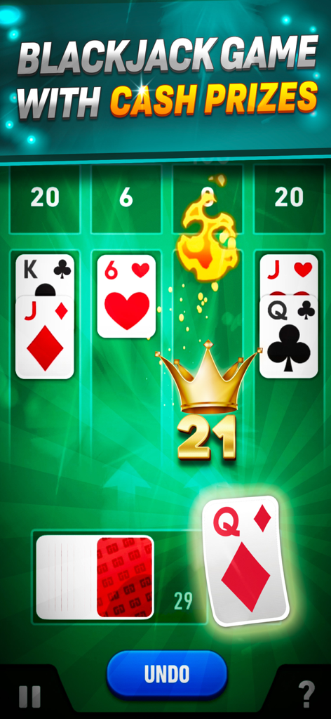 21 Jack - Blackjack Real Money - Una interfaz de juego de blackjack móvil con pilas de cartas y un banner de premios en efectivo