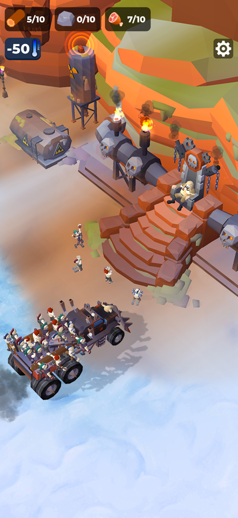 Frost Land Survival - A survivor leader on a throne overlooking a snowy outpost with resource indicators and a truck of survivors