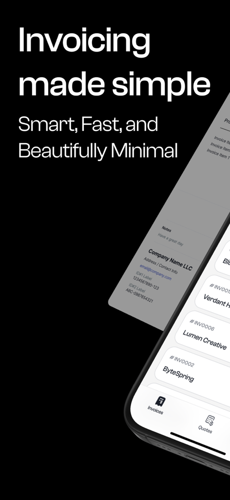 Invoice Maker: InvoEase - InvoEaseモバイルアプリのインターフェース。ミニマルなデザインの請求書リストを表示。