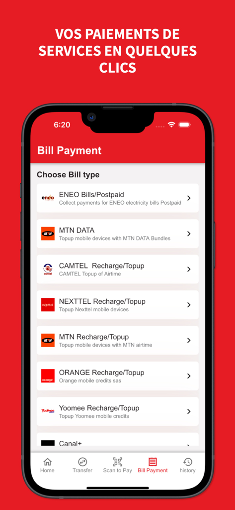 Interface de paiement de factures de l'application SARA by Afriland affichant les options de recharge mobile et utilitaire pour le Cameroun