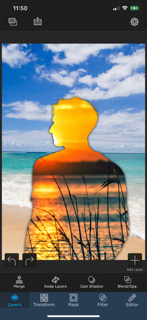 A mobile interface for the Superimpose app showing a silhouette of a person with a double exposure sunset effect layered over a beach scene