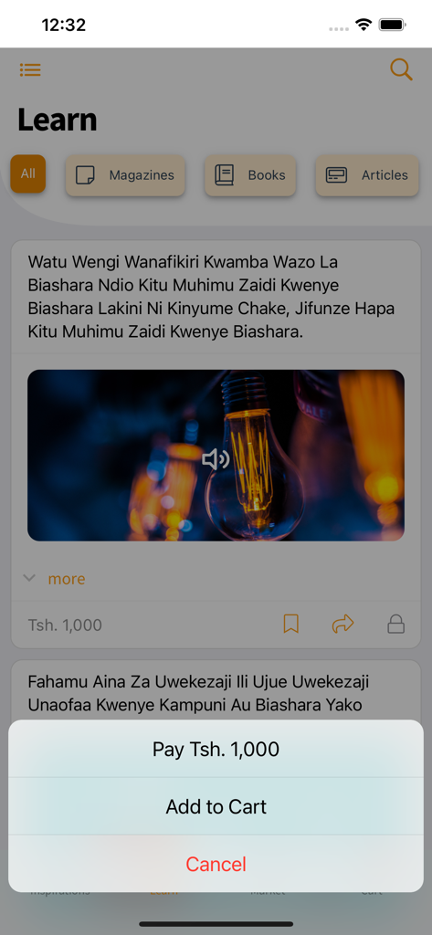 Swahilies - Learning section of the Swahilies app with educational content and a payment popup.