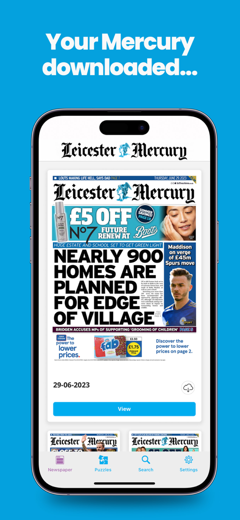 La interfaz de la aplicación Leicester Mercury Newspaper que muestra una edición digital en un dispositivo móvil.
