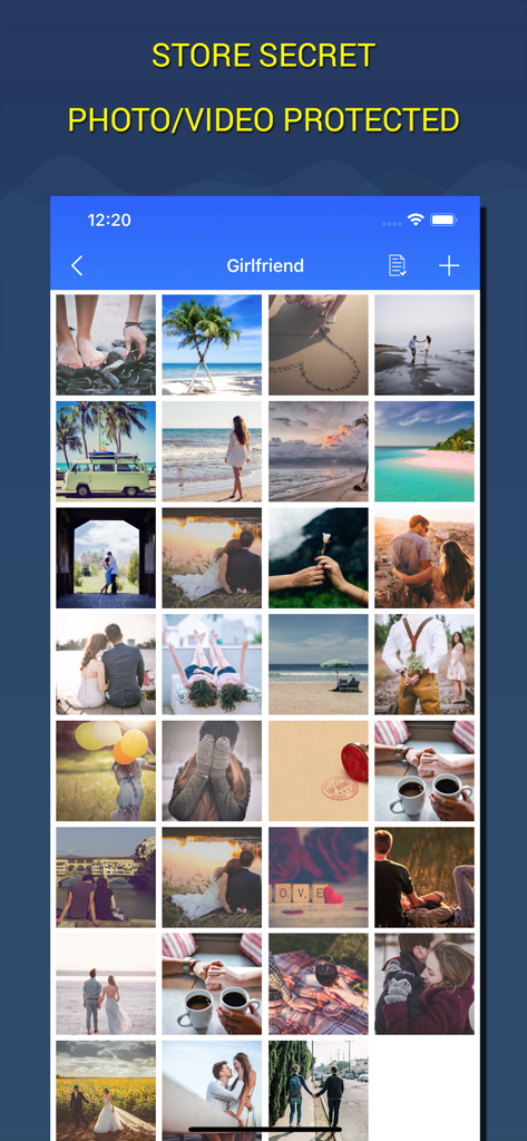 Screenshot of the Secure Calculator Vault app showing a grid of hidden photos in a private folder