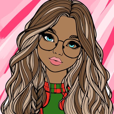 girl with long hair and freckles and glasses realistic