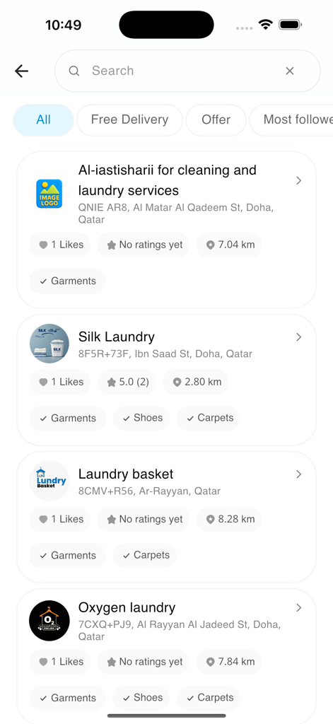 Cleano | كلينو - Cleano app interface showing a list of local laundry and cleaning service providers with ratings and distances