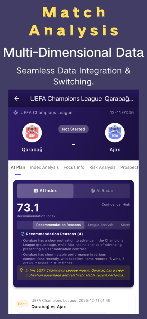 AI Ball Predictions & Tips - AI sports app showing match analysis and prediction data for a soccer game between Qarabag and Ajax