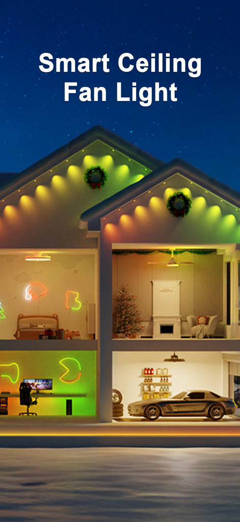 Casa inteligente com iluminação interna e externa colorida controlada por Lumary