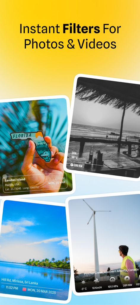 Examples of photos with GPS location stamps and visual filters from MapCam app