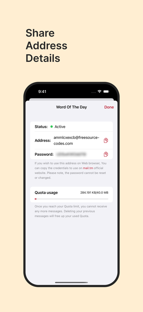 TempBox - Temp Mail - TempBox mobile app interface displaying active temporary email address details and storage quota usage.